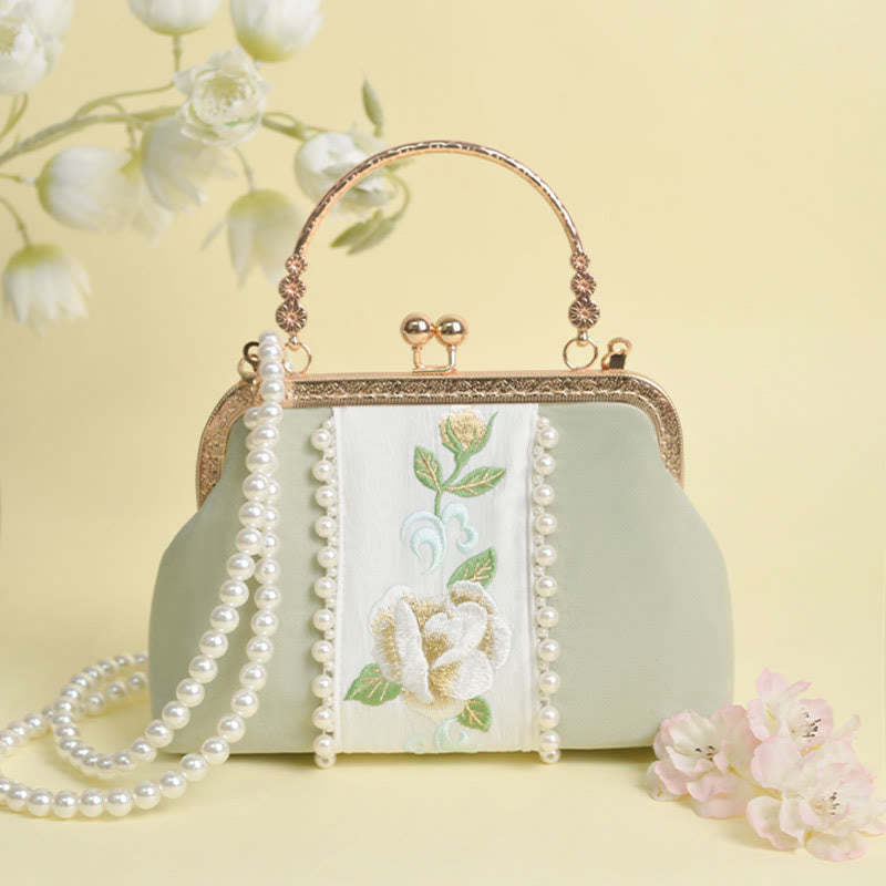 Double-sided Flowers Embroidery Pearl Pendant Metal Chain Crossbody Bag Handbags