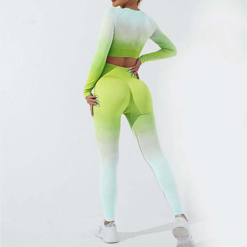 Gradient Long Sleeve Crop Top Tee Bra Leggings Pants Fitness Yoga Outfit