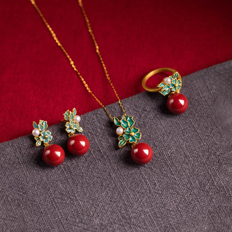 925 Sterling Silver Plated Gold Cinnabar Pearl Flower Blessing Necklace Pendant Earrings Ring Set