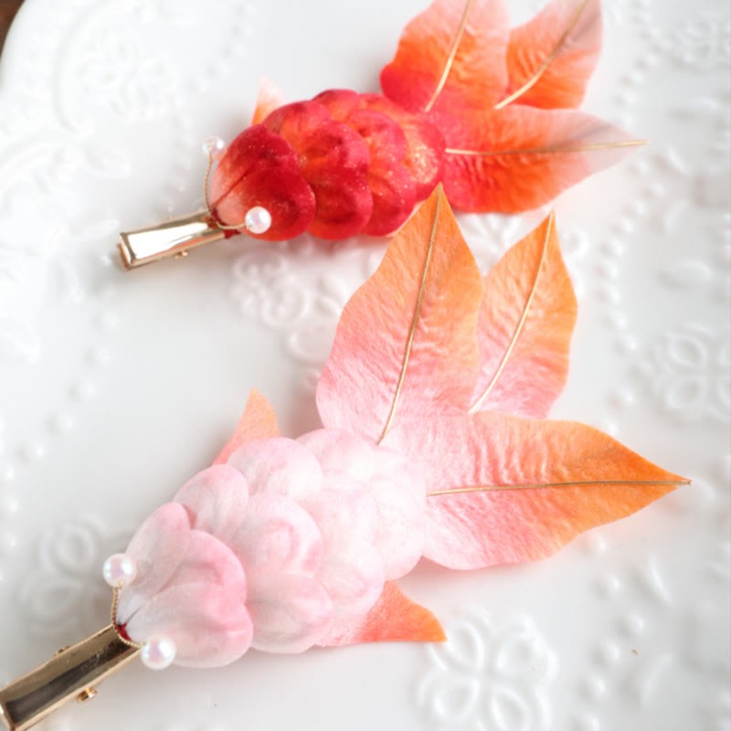 Handmade Yangzhou Velvet Flower Mulberry Silk Red Koi Fish Leaves Brooch Hair Clip