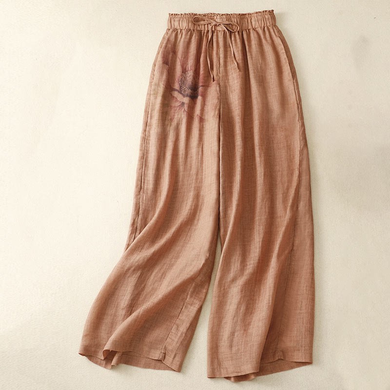 Floral Print High Waist Cotton Linen Drawstring Wide Leg Pants With Pockets