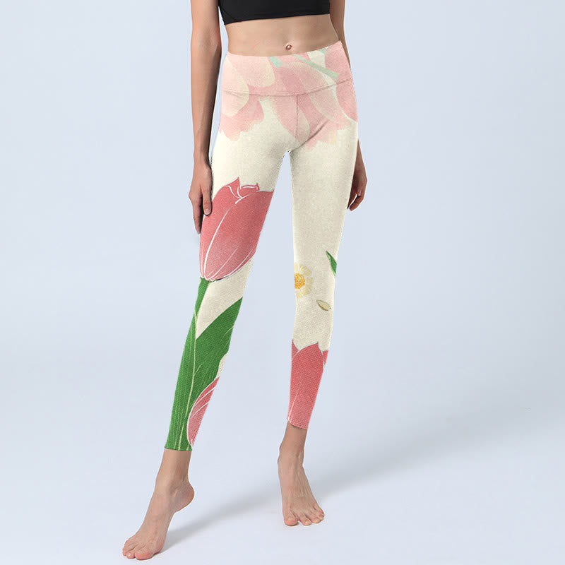 Pink Tulip Flower Print Gym Fitness Leggings Women's Yoga Pants