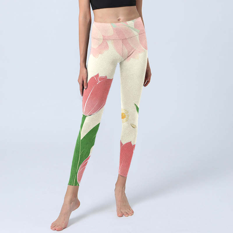 Pink Tulip Flower Print Gym Fitness Leggings Women's Yoga Pants