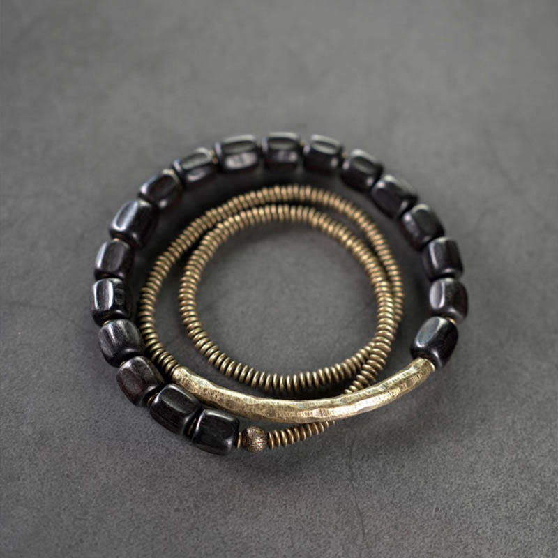 Vintage Peace Tibetan Ebony Wood Beads Copper Multilayered Healing Bracelet
