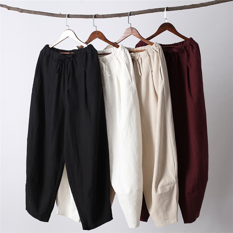 Casual Solid Color Drawstring Cotton Linen Men's Pants With Pockets