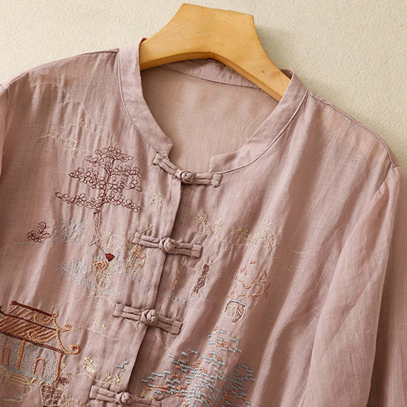 Casual Women's Frog-Button Embroidered Plant Crew Neck Design Three Quarter Sleeve Cotton Shirt
