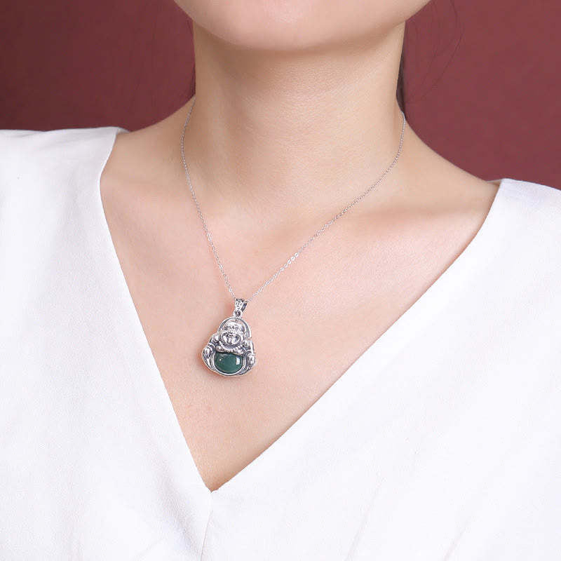 999 Sterling Silver Laughing mystic zen Cyan Jade Lotus Success Necklace Chain Pendant
