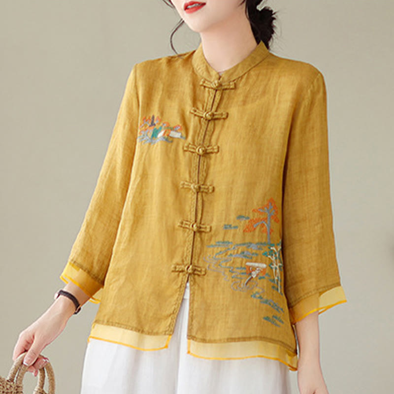 Embroidery Frog-button Design Three Quarter Sleeve Women's Shirt