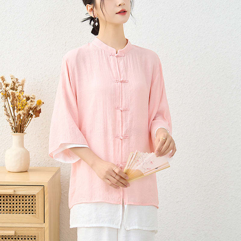 2Pcs Simple Chinese Frog Button Design Top Pants Meditation Yoga Zen Tai Chi Cotton Clothing Women's Set
