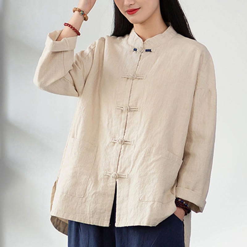 Solid Color Frog-button Long Sleeve Linen Women's Shirts With Pockets