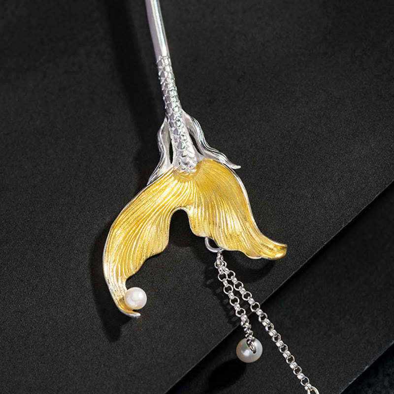 925 Sterling Silver Classical Chinese Style Fish Tail Pearl Tassel Calm Hairpin