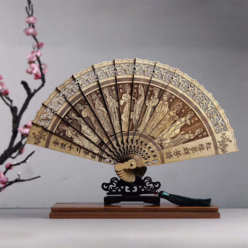 Koi Fish Peony Bird Flower Engraved Hollow Handheld Phoebe Zhennan Wood Folding Fan 22cm