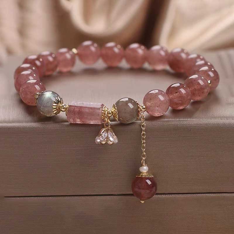 Natural Strawberry Quartz Zircon Flower Positive Charm Bracelet