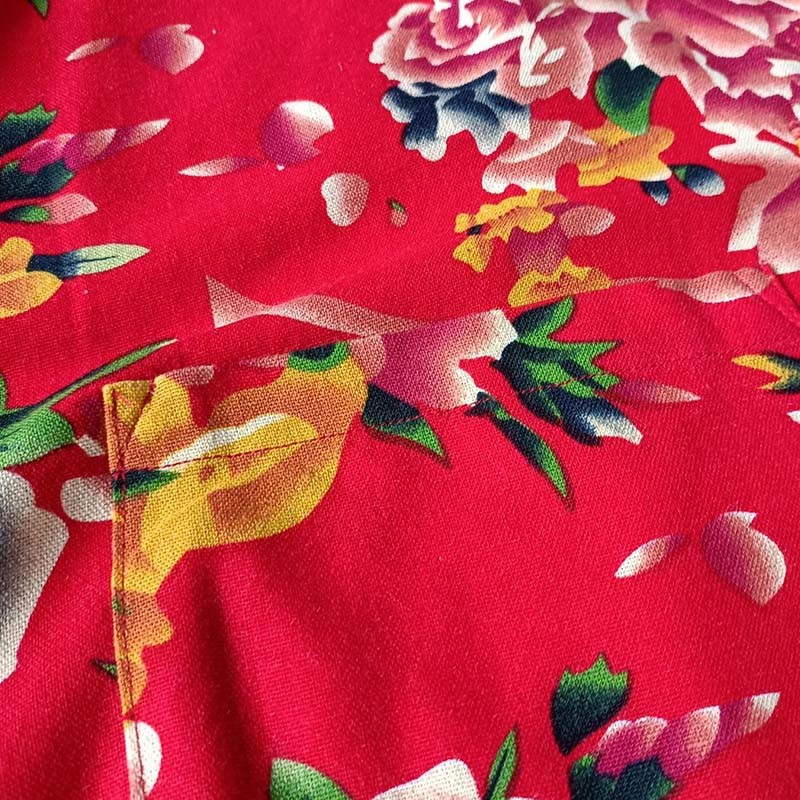 Ethnic Red Flower Peony Frog-Button Cotton Linen Long Sleeve Shirt Jacket With Pockets