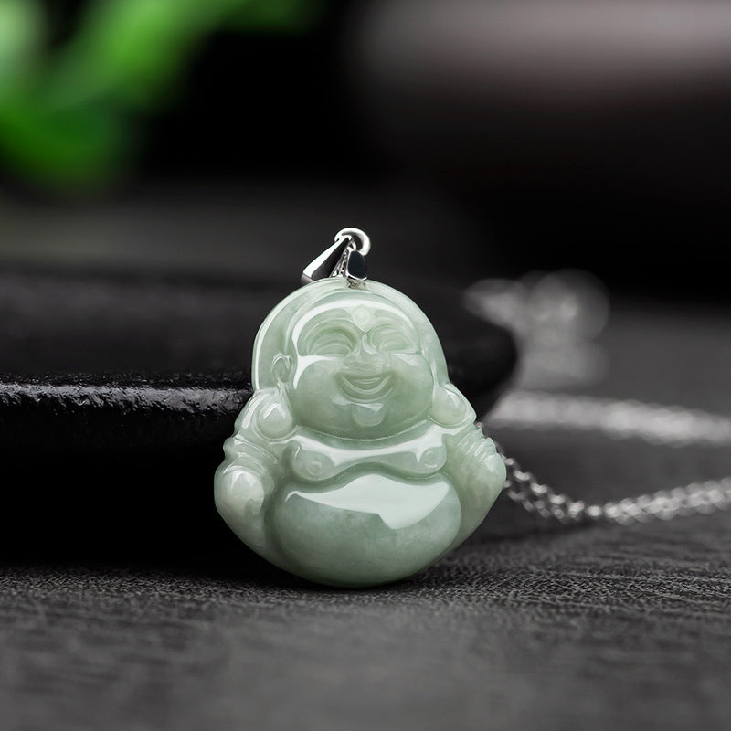 925 Sterling Silver Laughing mystic zen Jade Blessing Necklace Chain Pendant