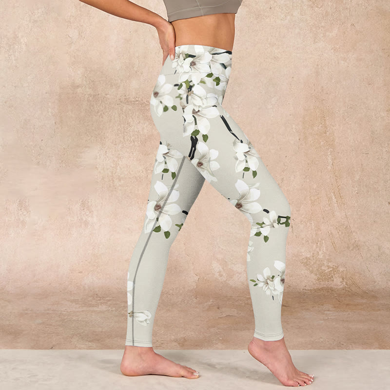 White Magnolia Flower Print Sports Fitness Leggings Women's Yoga Pants