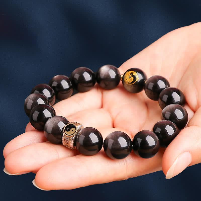 925 Sterling Silver Black Obsidian Gold Sheen Obsidian Silver Sheen Obsidian Yin Yang Protection Bracelet