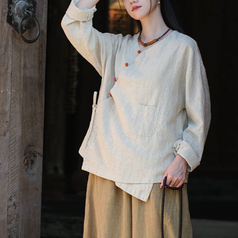 Solid Color Ramie Linen Loose Blouse Long Sleeve Shirt Chinese Hanfu Top