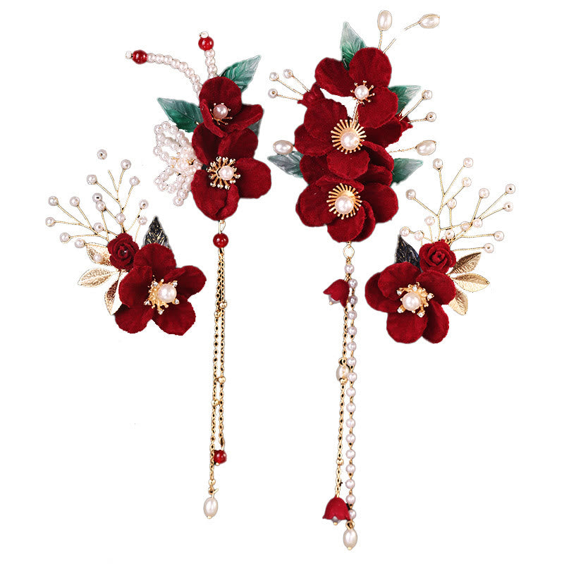 Antiquity Red Flowers Pearl Tassel Hair Clip Set