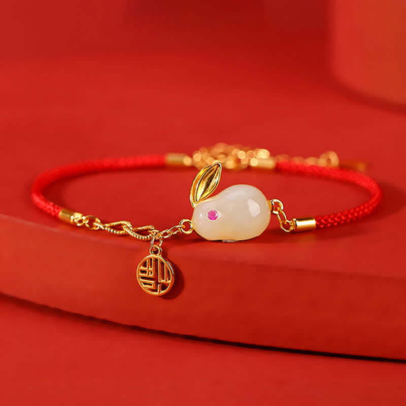 925 Sterling Silver Year of the Rabbit Hetian White Jade Luck Blessing Red String Bracelet