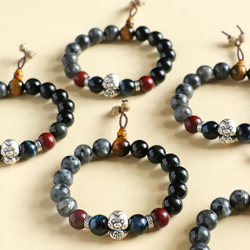 Black Glitter Stone Black Onyx 999 Sterling Silver Fu Character Copper Coin Year Of Snake Protection Bracelet