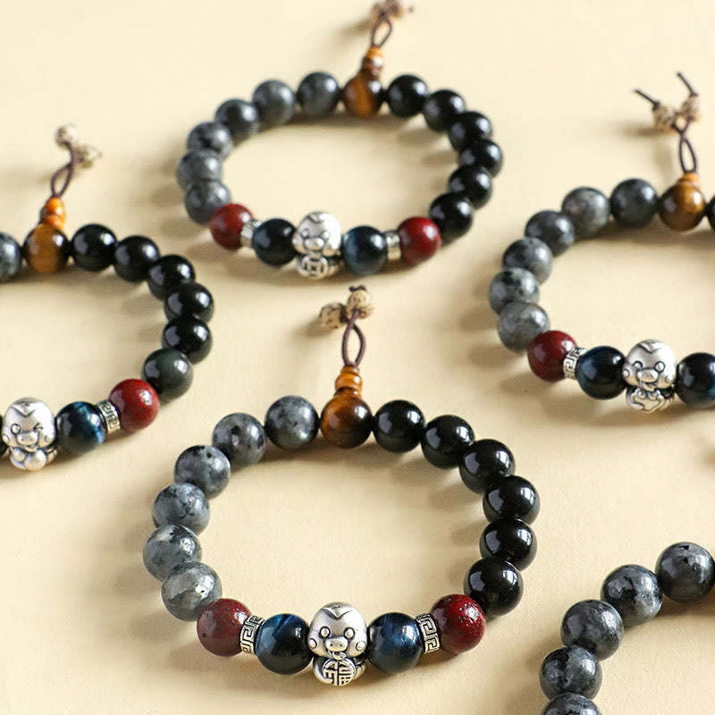 Black Glitter Stone Black Onyx 999 Sterling Silver Fu Character Copper Coin Year Of Snake Protection Bracelet