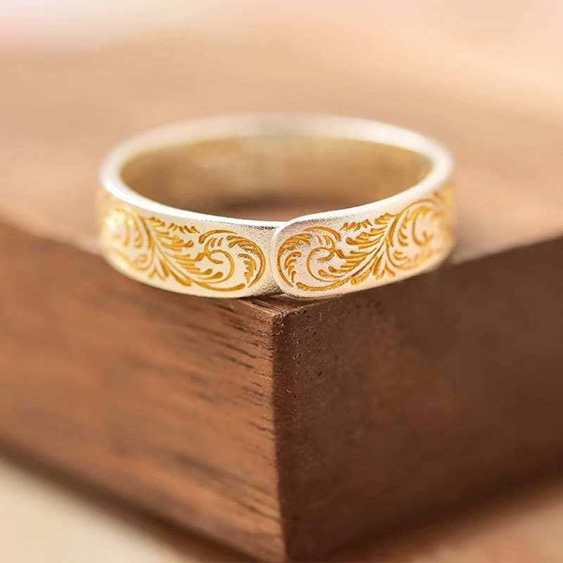 mystic zen Stone 999 Sterling Silver Gold-Painted Joyful Flower Pattern Peaceful Heart Sutra Ring
