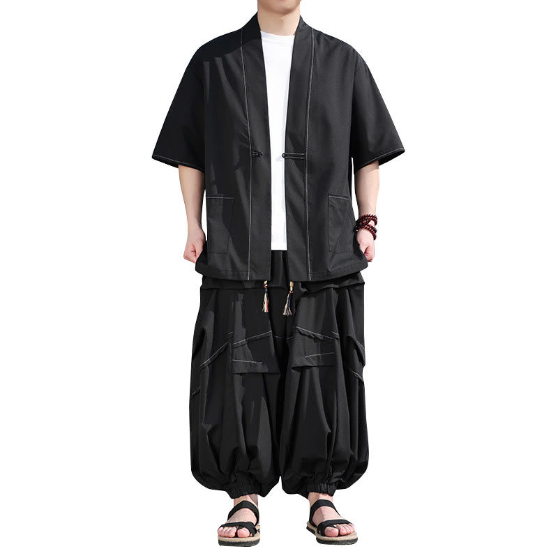 2Pcs Black Frog-Button Cotton Men's Kimono Jacket Drawstring Wide Leg Pants With Pockets
