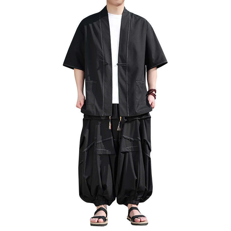 2Pcs Black Frog-Button Cotton Men's Kimono Jacket Drawstring Wide Leg Pants With Pockets