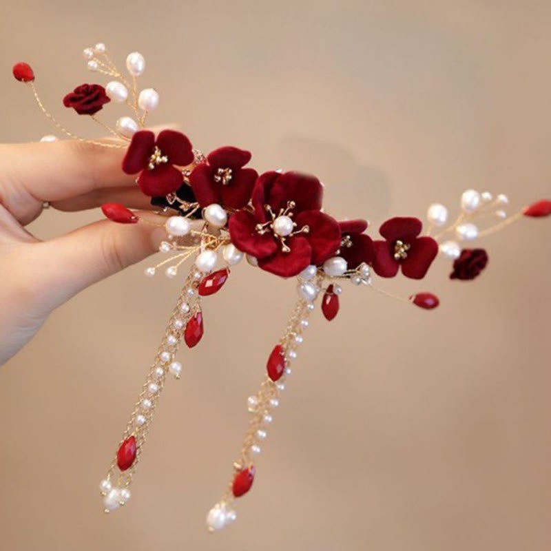 Chinese Oriental Wedding Bridal Red Rose Hair Clip