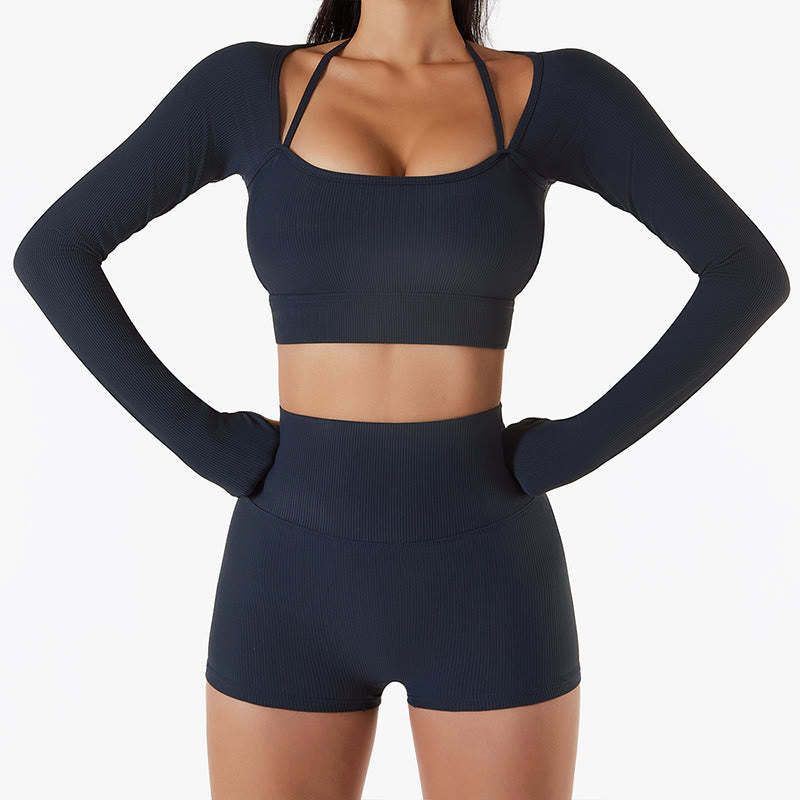 Ribbed Long Sleeve Crop Top T-shirt Shorts Sports Fitness Gym Yoga Outfits