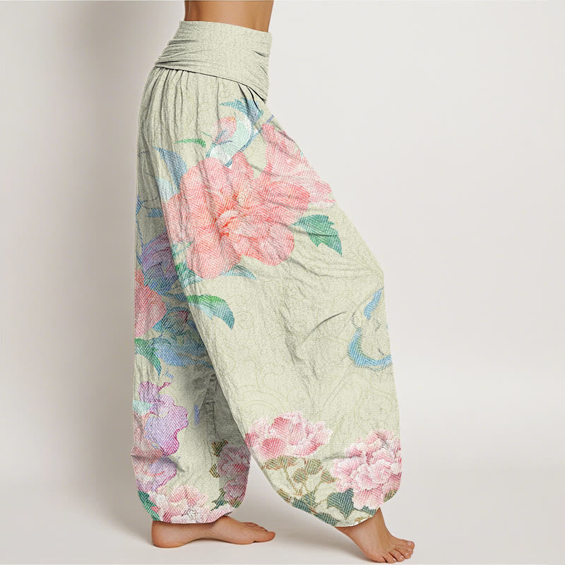 Casual Bright Peony Flower Grass Women's Elastic Waist Harem Pants