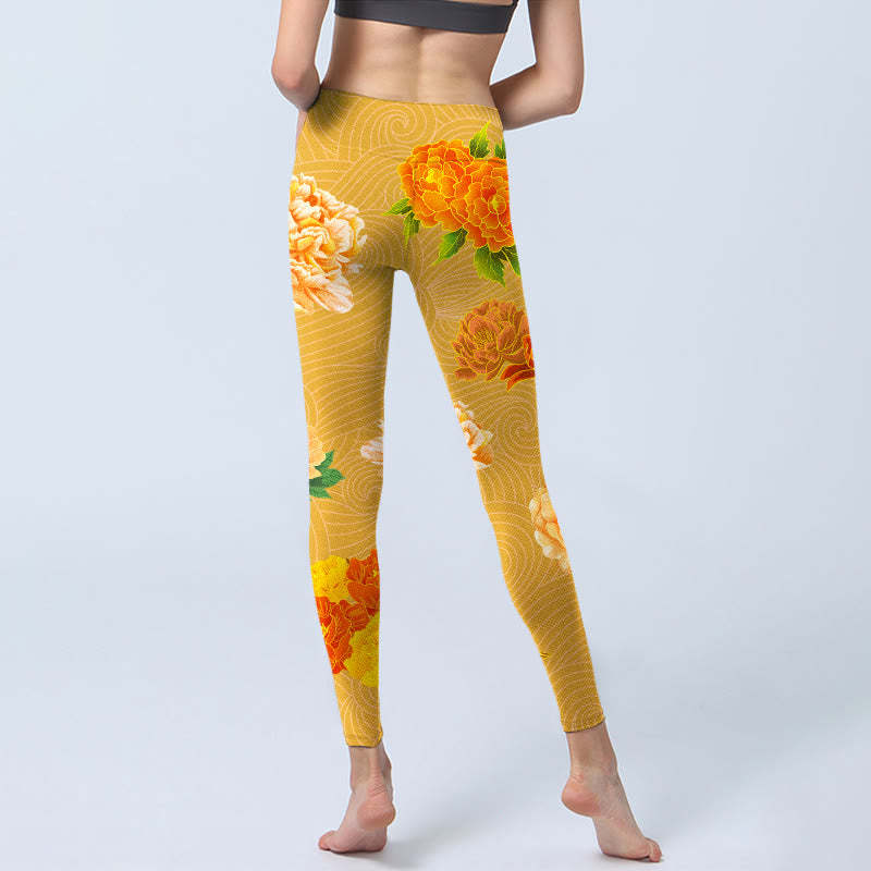Vibrant Rose Flowers Print Gym Leggings Women's Yoga Pants