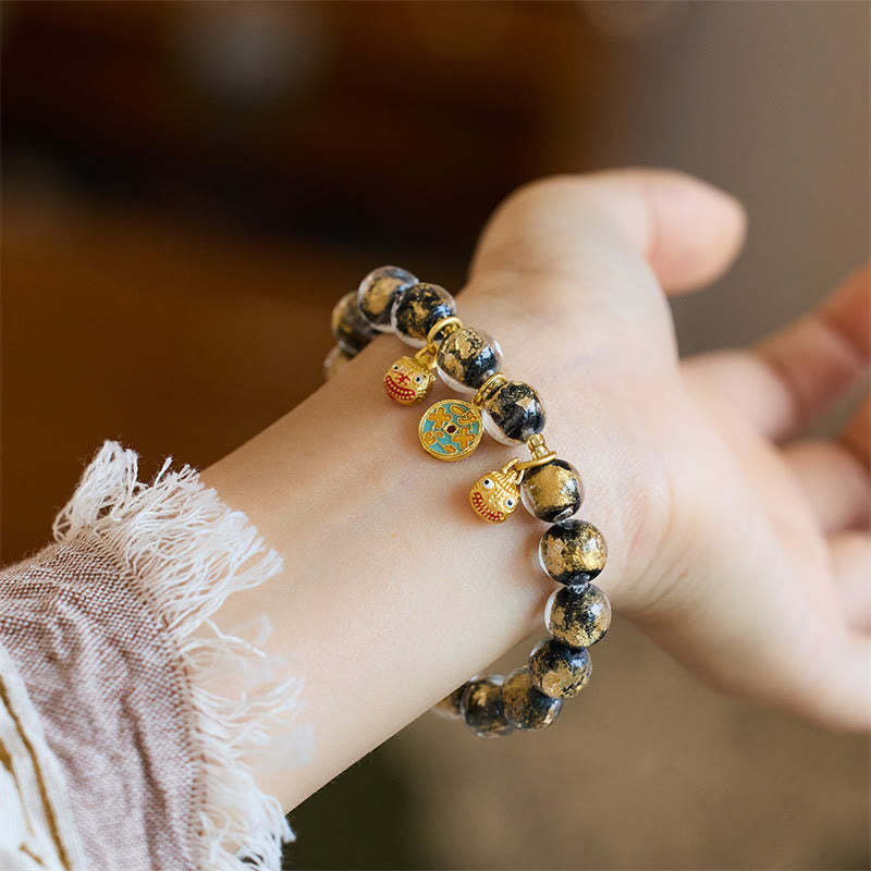 Gold Swallowing Beast Copper Coin Good Luck Charm Liuli Glass Bead Fortune Bracelet