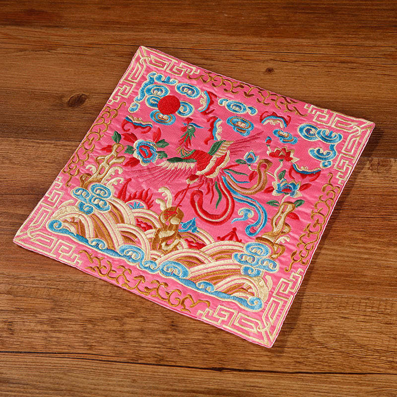 Crane Phoenix Dragon Kirin Embroidered Cup Mat Pad Tea Cup Coaster Square Kung Fu Tea Mat
