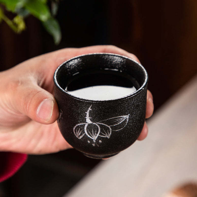Hand Painted Lotus Flower Bamboo Chrysanthemum Black Pottery Ceramic Teacup Kung Fu Tea Cup 95ml