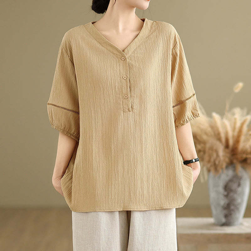 Summer Casual Pure Half Puff Sleeve Half Button V-neck Women's T-Shirt