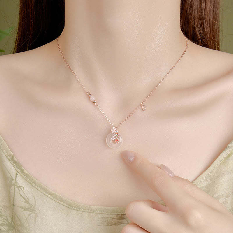 Chalcedony Pink Crystal 925 Sterling Silver Flowers Koi Fish Peace Buckle Positive Necklace Pendant