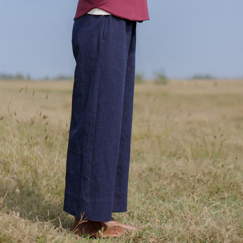 Casual Plain Loose Women's Ramie Wide Leg Pants With Pockets