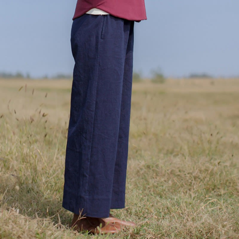 Casual Plain Loose Women's Ramie Wide Leg Pants With Pockets