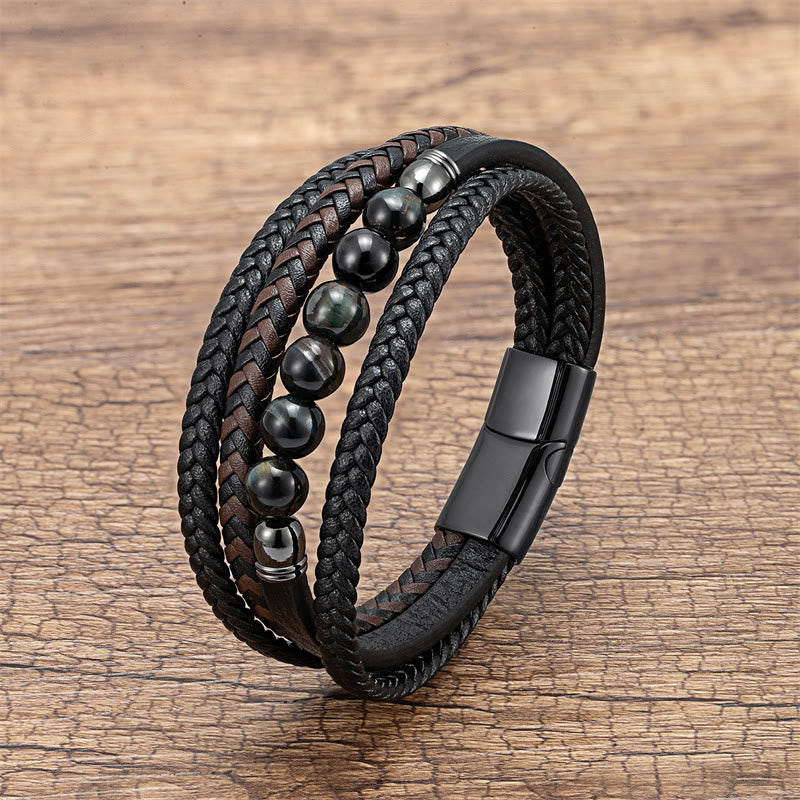 Tiger Eye Lava Rock Black Onyx Lazurite Hematite Bead Positive Leather Bracelet