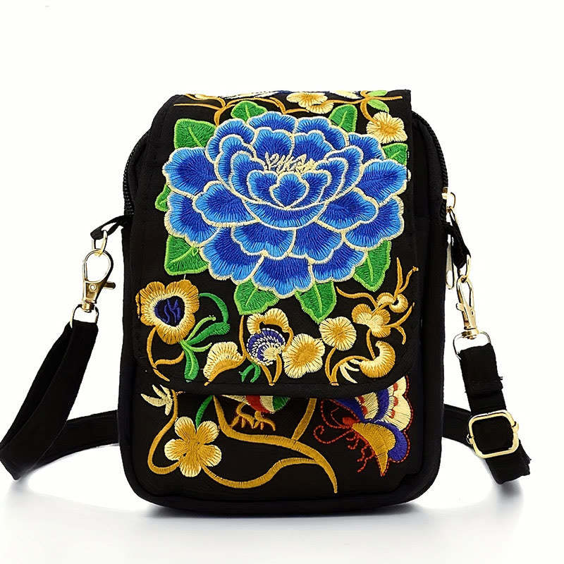 Inula Flower Peony Embroidery Canvas Shopping Purse Handbag Crossbody Bag