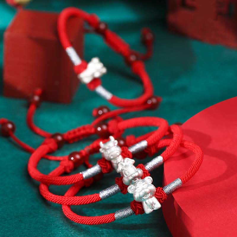 999 Sterling Silver Chinese Zodiac Luck Strength Red String Bracelet