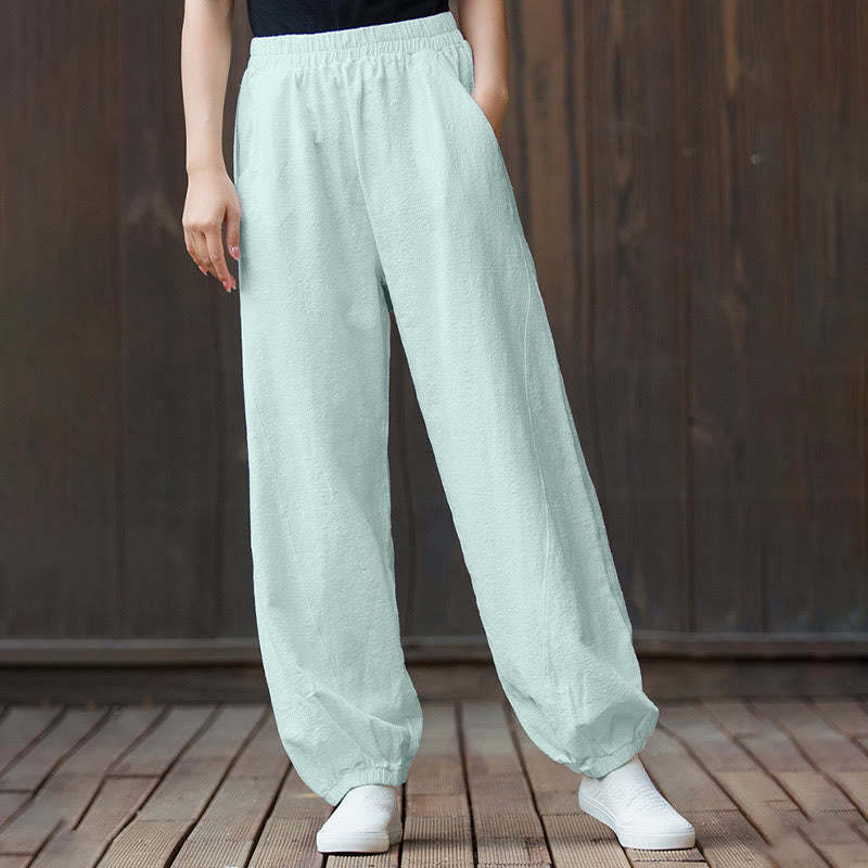 Casual Solid Plain Color Carrot Elastic Waistband Cotton Ramie Women's Pants With Pockets