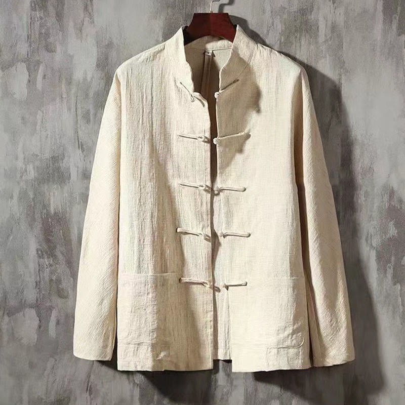 Men's Tang Long Sleeve Shirt Frog Button With Pocket Stand Collar Comfort Linen Shirt