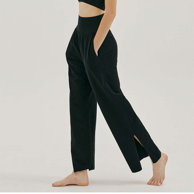 Casual Loose Tie-down Hem Plain High Waist Women's Leica Pants With Pockets