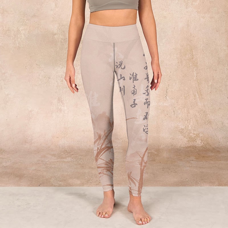Calligraphy Orchid Print Gym Leggings Women's Yoga Pants
