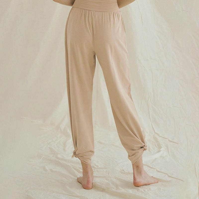 Casual Loose Tie-down Hem Plain High Waist Women's Leica Pants With Pockets