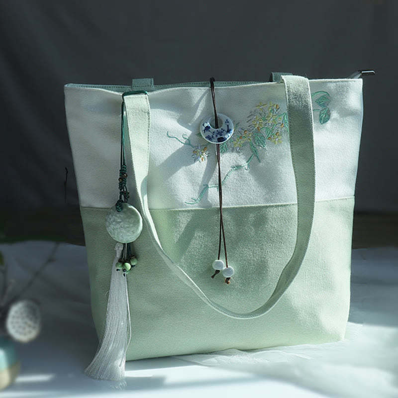 Pear Flower Plum Peach Blossom Bamboo Embroidery Canvas Large Capacity Shoulder Bag Tote Bag