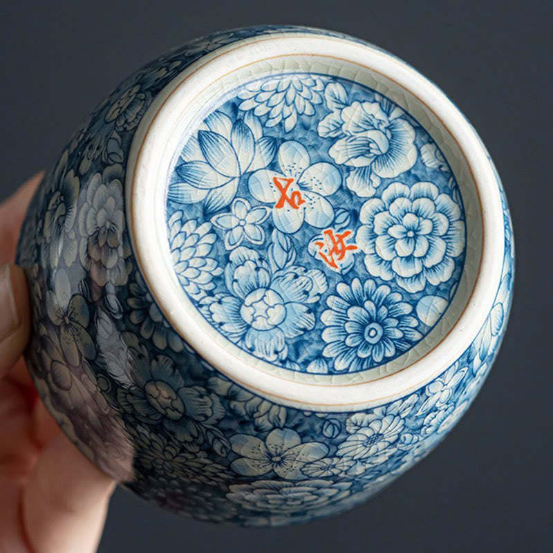 Blue Lotus Peach Blossom Chrysanthemum Design Ceramic Teacup Kung Fu Tea Cups